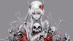 Flowers gray background blood horns Bones red eyes skulls anime 