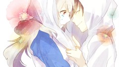 Flowers groups white hair red eyes hoodies male smiling long 