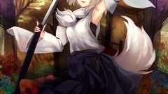 Flowers hats white hair red eyes Swords outdoors short hair 