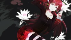 Flowers headphones cross dress red eyes stockings long hair 