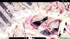 Flowers headphones pink hair long hair green eyes hatsune miku 