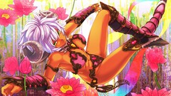 Flowers horns armor white hair multicolor anime girls green 