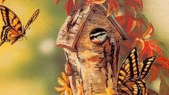 Flowers leaves Butterflies Birds artwork Birdhouses