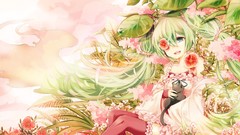 Flowers leaves cats anime girls hatsune miku vocaloid green 