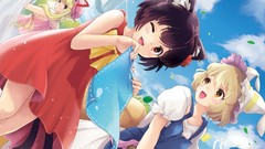 Flowers leaves clouds dress hats red dress bows blondes smiling 