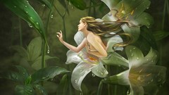 Flowers leaves drops dew vegetation woman Plants blondes long 