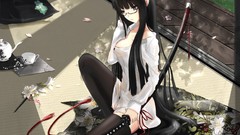 Flowers leaves grass weapons Katana glasses Ribbons sitting 