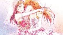 Flowers long hair anime girls blue eyes green eyes brunettes 