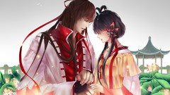 Flowers lotus long hair anime girls brunettes vocaloid black 