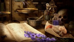 Flowers magic mushrooms Books old Herbs medicine scales poison 