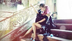 Flowers Men woman dress couple sitting asians male pink hair 