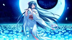 Flowers moon kimono long hair anime girls flute flower petals 