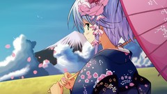 Flowers Mountains clouds dress Umbrellas kimono outdoors blush 