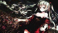 Flowers nature dark dress fields long hair anime girls green 