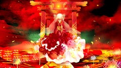 Flowers night clouds red Butterflies moon Lilies gate dress red 