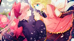 Flowers night moon kimono bows blondes pink hair long hair full 