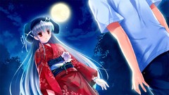 Flowers night Stars moon Anime hats red eyes Ribbons kimono 