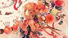 Flowers orange apples peach grapes fruits long hair anime girls 