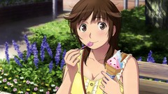 Flowers Plants bench ice cream anime girls brown eyes brunettes 