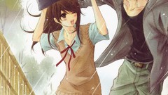 Flowers rain woman Umbrellas blondes male long hair brunettes 