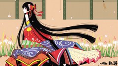 Flowers red eyes long hair hakurei reimu touhou black hair hair 