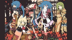 Flowers red eyes Swords blue hair pink hair long hair anime 