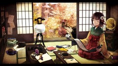 Flowers room paper Books headphones Plants gramophone sitting 