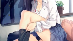 Flowers room windows Anime socks Ribbons sitting schoolgirls 