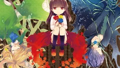 Flowers roses dress red eyes blondes skirts pink hair long hair 