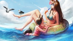 Flowers Sea water clouds summer Birds fish glasses waves long 