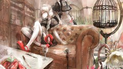 Flowers Shoes white hair wine glass stockings couch indoors 