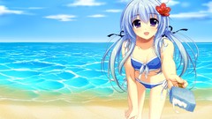 Flowers sky ice cream Beaches blue hair purple eyes bikini 