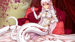 Flowers smoke roses dress beds white hair red eyes gloves 