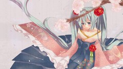 Flowers tears sad kimono long hair green eyes hatsune miku 