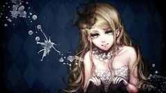 Flowers teeth blue background gloves sitting blondes smiling 