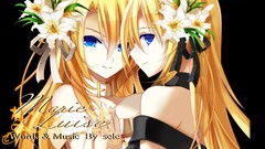 Flowers text Lilies collar Ribbons blondes long hair anime 