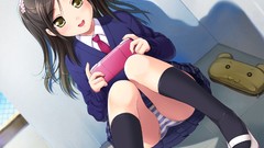 Flowers tie Jumper sitting schoolgirls skirts smiling long hair 