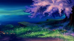 Flowers Trees lakes piers lanterns artwork fantasy art flowered 