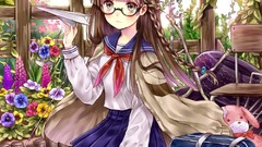 Flowers Trees Radio glasses tie anime girls brunettes school 