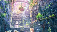 Flowers Trees youth Books Library anime girls bookcase