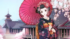 Flowers Umbrellas kimono anime girls flower petals black hair 