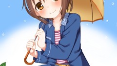 Flowers Umbrellas water drops anime girls brown eyes brunettes 