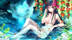 Flowers water Anime blush long hair pink eyes anime girls black 