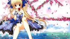 Flowers water apples dress Ribbons blondes long hair anime 