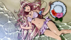 Flowers water Beaches blondes long hair anime girls blue eyes 