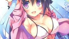 Flowers water blush anime girls rainbows brunettes purple eyes 