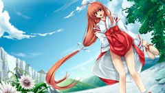 Flowers water clouds brown wet red eyes long hair anime girls 