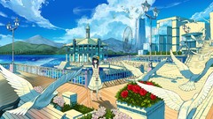 Flowers water clouds sky Umbrellas Pigeons hats buildings anime 