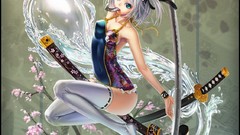 Flowers water Katana ghosts anime girls green eyes stocks 