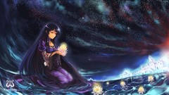 Flowers water Stars dress long hair anime girls bangs black 